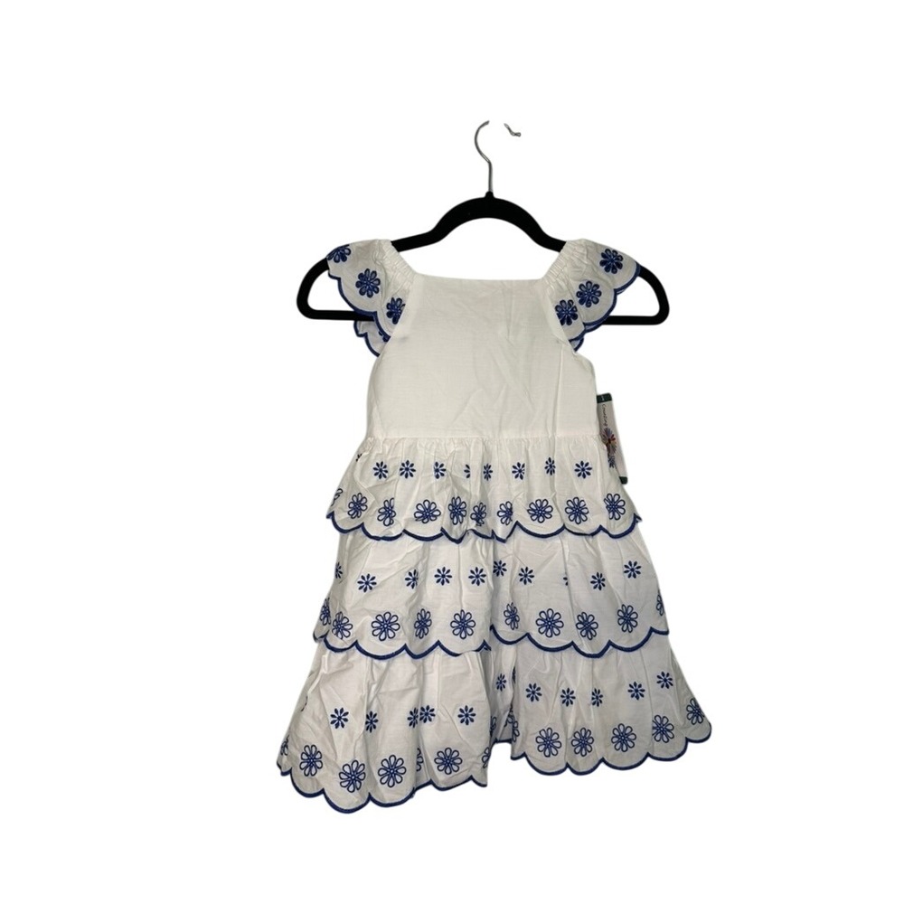 Counting Daisies Girls Tiered‎ Dress White Blue Flower Embroidery 5T Toddler